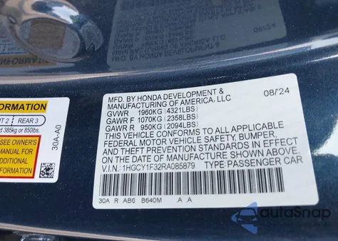 2024 Honda Accord Ex from USA, damaged, VIN 1HGCY1F32R8085879